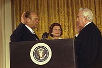 Chief Justice Warren Burger administering the presidential oath of office to President Gerald Ford following the resignation of Richard Nixon, August 9, 1974 Gerald R. Ford is sworn in as President - NARA - 6923692.jpg