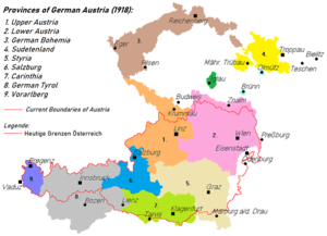 Provinciile revendicate de Austria Germană, superpozate peste conturul frontierei ulterioare ale Primei republici