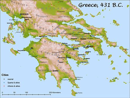 Cities at the beginning of the Peloponnesian War Greece alliances 431bc.jpg