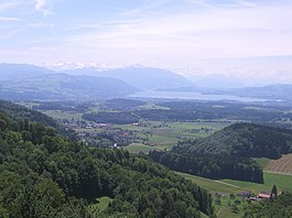 View of Hausen am Albis seen from Albis hills, Zugersee (lake) in the background