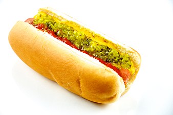 A basic hot dog with relish, mustard and ketchup