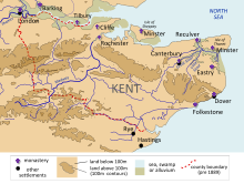 Carte montrant le relief du Kent et les principaux établissements religieux de cette région, avec notamment d'ouest en est Rochester, Cantorbéry, Reculver et Minster sur l'île de Thanet