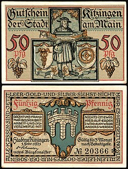 Nota de 50 Pfennig Notgeld desenhada por Heinz Schiestl e emitida em 1921 pela cidade de Kitzingen, Alemanha. No anverso vê-se um construtor naval com um modelo de navio; o reverso mostra o escudo de armas da cidade com a antiga ponte principal. (definição 2 436 × 3 208)