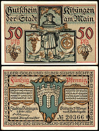 Nota de 50 Pfennig Notgeld desenhada por Heinz Schiestl e emitida em 1921 pela cidade de Kitzingen, Alemanha. No anverso vê-se um construtor naval com um modelo de navio; o reverso mostra o escudo de armas da cidade com a antiga ponte principal. (definição 2 436 × 3 208)