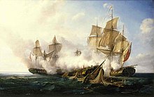 Картина, в которой на переднем плане сильно повреждённый корабль находится между двумя слегка поврежденными судами, которые стреляют на центральный судно.