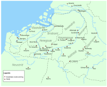 Southern part of the Low Countries with bishopry towns and abbeys, in about the 7th century Lage Landen (Frankische Tijd).svg