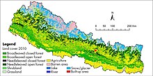 This land cover map of Nepal using Landsat 30 m (2010) data shows forest cover as the dominant type of land cover in Nepal. Land cover map of Nepal using Landsat 30 m (2010) data.jpg
