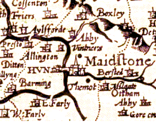 Contemporary Map of Kent showing Aylesford, Maidstone and East Farly (sic) Maidstone-John Speed-1616.gif