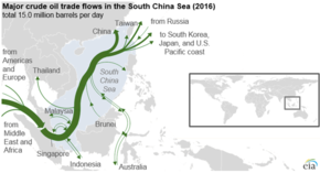 Millions of barrels of crude oil are traded through the South China Sea each day Major crude oil trade flows in the South China Sea (2016) (43582519014).png