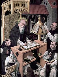 San Jerónimo en su scriptorium, Maestro del Parral o Maestro de las Once Mil Vírgenes,[15]​ c. 1480-c. 1490.