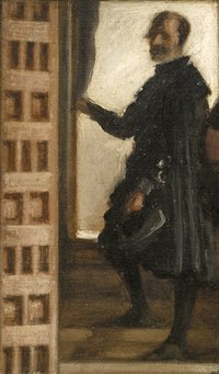 Malba muže v tmavém oděvu na pozadí otevřených dveří. Muž má vousy a na hlavě klobouk.