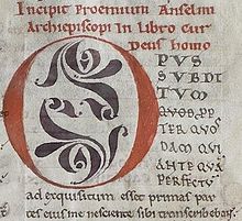 The beginning of the Cur Deus Homo
's prologue, from a 12th-century manuscript held at Lambeth Palace Ms 224 anselm.jpg