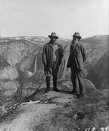 Nature preservationist John Muir with U.S. President Theodore Roosevelt (left) on Glacier Point in Yosemite National Park Muir and Roosevelt restored.jpg