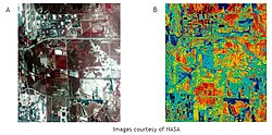 Images of Salt Lake City, show positive correlation between white reflective roofs and cooler temperatures. Image A depicts an aerial view of Salt Lake City, Utah, site of 865000 sqft white reflective roof. Image B is a thermal infrared image of same area, showing hot (red and yellow) and cool (green and blue) spots. The reflective vinyl roof, not absorbing solar radiation, is shown in blue surrounded by other hot spots. NASA SLC Urban Heat Island Effect Roof.jpg