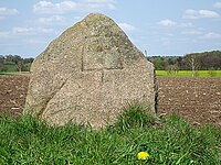 Vorderansicht des Wanderblockteilstücks mit Wappen der Herren von Heimbruch in Rosengarten, nordwestlich von Klein-Leversen; seit dem 10. Juni 1955 Naturdenkmal