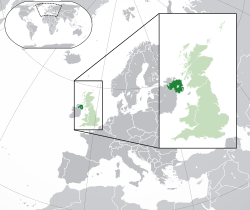 Location of Northern Ireland (dark green) – in Europe (green & dark grey) – in the United Kingdom (green)