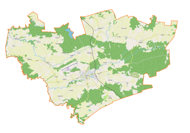 Mapa konturowa gminy Orneta, w centrum znajduje się punkt z opisem „Orneta”