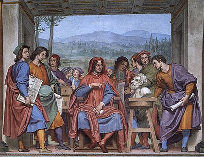 Uprostřed obrazu sedící muž v modrém oděvu s červeným pláštěm a červeným chaperonem na hlavě, zřejmě Lorenzo, který s úsměvem ukazuje prstem napravo. Vpravo od něj sochařská čtyřnožka, na níž leží mramorová busta divoce vyhlížejícího muže. Ještě dále vpravo stojí mladý muž, zřejmě Michelangelo, který gestem ukazuje na bustu. Kolem nich v pozadí skupina mužů a ještě dále v pozadí pohled do krajiny.
