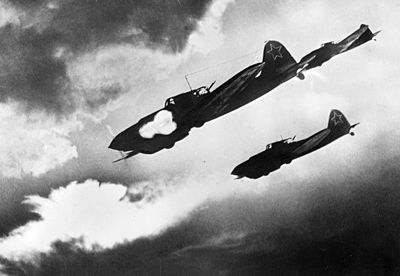 Soviet Il-2 ground-attack planes attack an enemy column, Voronezh Front, 1 July 1943 RIAN archive 225 IL-2 attacking.jpg