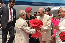 H.E the Governor of Bihar Shri Ram Nath Kovind welcoming Hon'ble President of india Shri Pranab Mukherjee at Patna on April 17,2017