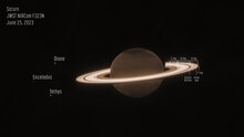 Saturn and some of its moons, captured by the James Webb Space Telescope's NIRCam instrument on June 25, 2023. In this monochrome image, NIRCam filter F323N (3.23 microns) was color mapped with an orange hue. Saturn (NIRCam).tif