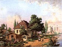 Lithographie colorée représentant un manoir du dix-neuvième siècle au bord d'un fleuve.