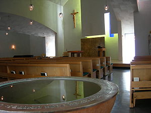 Font and interior, Chapel of St. Ignatius, Sea...