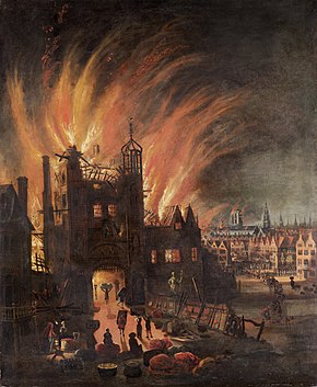 Ludgate in flames, with St Paul's Cathedral in the distance (square tower without the spire) now catching flames. Oil painting by anonymous artist, c. 1670. The Great Fire of London, with Ludgate and Old St. Paul's.JPG