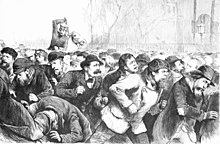 New York police violently attacking unemployed workers in Tompkins Square Park, 1874 Tompkins square riot 1874.jpg