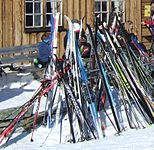 A selection of cross-country and back-country skis at a Hardangervidda lodge