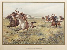 An 1899 chromolithograph of U.S. cavalry pursuing American Indians, artist unknown. U.S. Army-Cavalry Pursuing Indians-1876.jpg