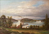 Utsikt från Alvik in mot staden (1884). Nedanför berget vid Alviks strand syns Monténs stearinfabrik.