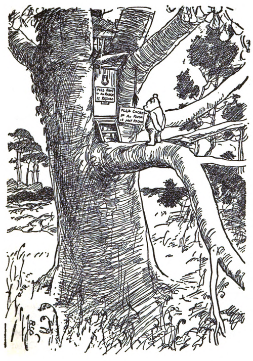 Winnie-the-Pooh standing on a tree branch with before a door that leads to a room dug in the trunk