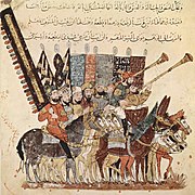 رسم للواسطي مرافق للمقامة الدمشقية من مقامات الحريري، عام 1237م، تظهر فيها بعض الرايات الإسلامية