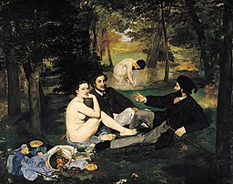 Le Déjeuner sur l'herbe, peint en 1862 et 1863 par Édouard Manet (musée d'Orsay, Paris). (définition réelle 1 642 × 1 294)