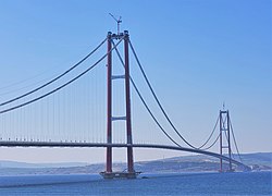 The 1915 Canakkale Bridge, the longest suspension bridge in the world, was officially opened by Erdogan in 2022. 1915 Canakkale Bridge 20220327.jpg
