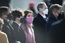 2021: Natalie Biden wearing a matching cloth COVID-19 mask at the inauguration of Joe Biden, her grandfather 210120-D-WD757-2566 (50860503913).jpg