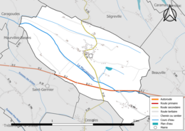 Carte en couleur présentant le réseau hydrographique de la commune