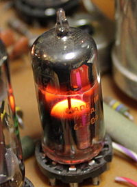 Voltage-regulator tube in operation. Low-pressure gas within tube glows due to current flow. 5651RegulatorTubeInOperation.jpg