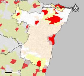 Localisation de l'aire d'attraction de Wissembourg (partie française) dans le département du Bas-Rhin.