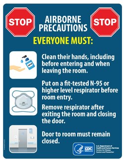 A red poster with illustrations and the text: "AIRBORNE PRECAUTIONS. EVERYONE MUST: Clean their hands, including before entering and when leaving the room. Put on a fit-tested N-95 or higher level respirator before room entry. Remove respirator after exiting the room and closing the door. Door to room must remain closed."