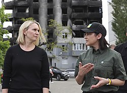 United States Ambassador to Ukraine Bridget A. Brink (left) and Prosecutor General of Ukraine Iryna Venediktova in Borodianka, following the Bombing of Borodianka Ambassador Brink visited Borodyanka, Ukraine, June 4, 2022 (52135974634).jpg