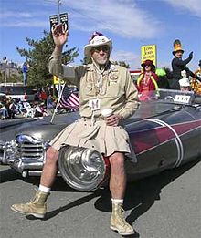 Black Rock Ranger "Teksage" rides an art car during the Nevada Day parade. BlackRockRangerTekSage.jpg