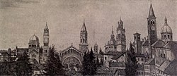 Una panoramica delle principali chiese di Busto Arsizio in una cartolina degli anni 1930