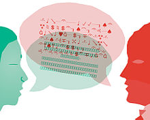 Dessin représentant deux visages de profil, l'un vert, l'autre rouge visuellement en train de communiquer au moyen de bulles de bande dessinée, l'un parlant un langage vert et l'autre un langage rouge.