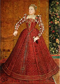 The young Queen Elizabeth I (here in about 1563) liked to wear bright reds, before she adopted the more sober image of the "Virgin Queen". Her satin gown was probably dyed with kermes.