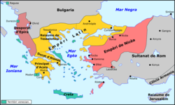 1204 年的拉丁帝國與其附庸國（黃色）