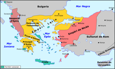 The Greek Byzantine Empire split by a newly established Latin Crusader State after the Fourth Crusade (shown partly in Greece and partly in Turkey) Emperi Bizantin - Partiment apres la Quatrena Crosada.png