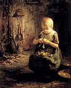 Eit barn som skrellar potetar måla av Evert Pieters.