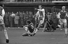 Cruyff was instrumental in Ajax's dominance of European football in the early 1970s. He played for Ajax from 1957 to 1973 and 1981 to 1983 (seen here in 1967 against Feyenoord). Feyenoord tegen Ajax 1-0. Nummer 26 Israel in duel met Cruyff.jpg